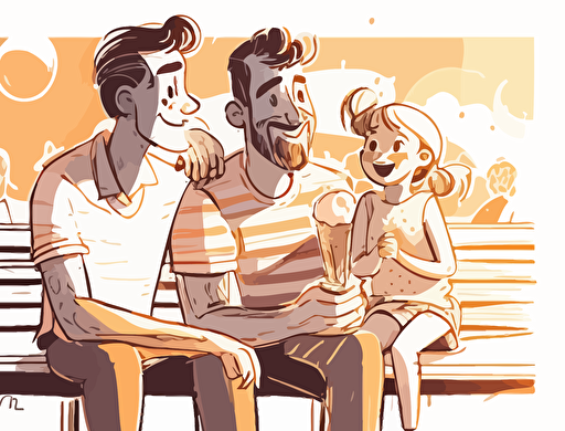 A single father with his son and daughter, sharing a joyful moment at the playground. They are all sitting on a bench, eating ice cream and laughing together. The sun shines brightly behind them, signifying the warmth of their love. soft warm lighting, sketch illustration, vector art