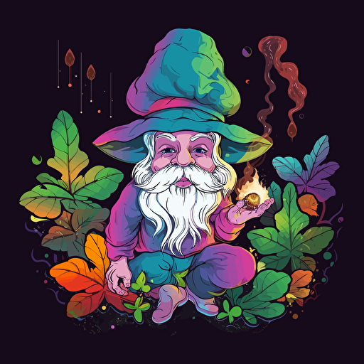 smoking elf, marijuana leaf on background, mushrooms, rainbow, fantasy, vector logo