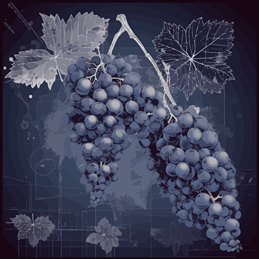 vector bunch of grapes and grapevines xray and blueprint