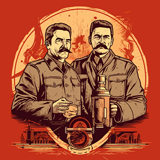Lening and Stalin in Obey theme, holding stoves, vector, highly detailed, sign "1st may", gritty