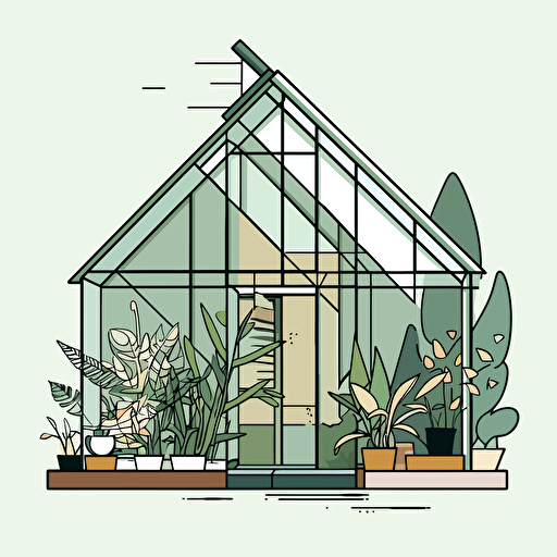 Vector illustration greenhouse illustration, in the style of patrick caulfield, muted colors, simple line drawings, bill traylor, pseudo hinchel or sticker white bakcground