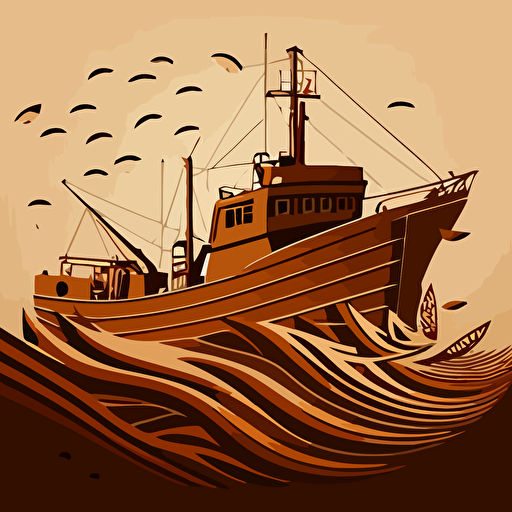 vector style fishingship minimalistic monocrome brown waves