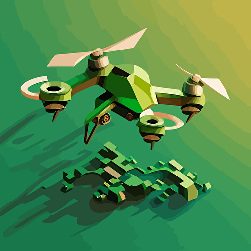 Simplistic 2d illustration drone flying, green backdrop, svg. Simple, made from vector shapes. real textures, highly detailed