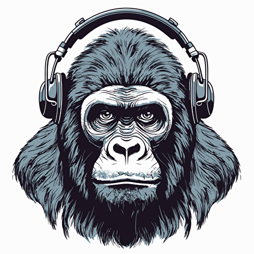 gorilla wearing headphones, vector design style, no text, solid white background