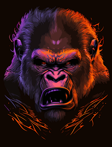 a vector drawing of an angry gorilla face with purple and orange highlights, 300 dpi