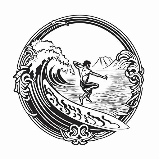 detailed Hawaii surfing logo, black and white design, vector isolated on white