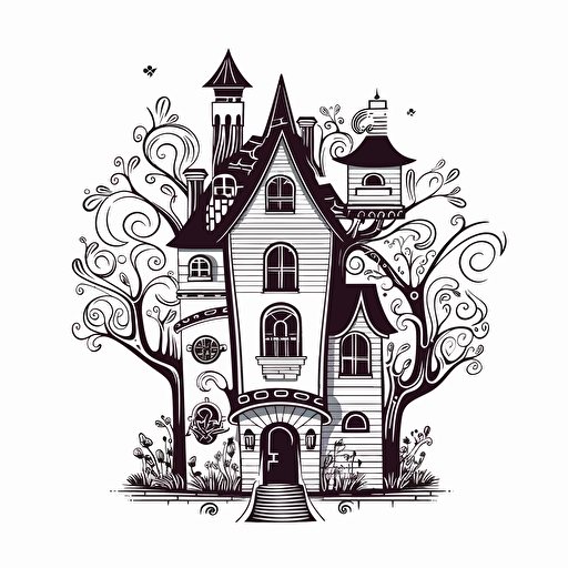 simple vector drawing outline of a whimsical house