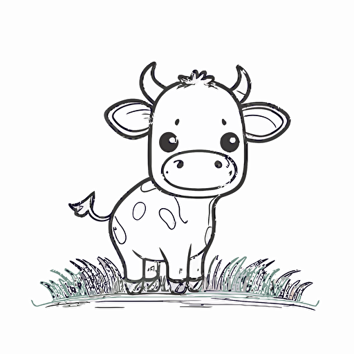 cute cow in farm, big cute eyes, pixar style, simple outline and shapes, coloring page black and white comic book flat vector, white background