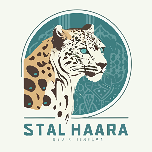 a logo for a wildlife conference, vector, flat, minimalist, the main element is the head of a snow leopard, background with tiles of Samarkand, uzbek patterns