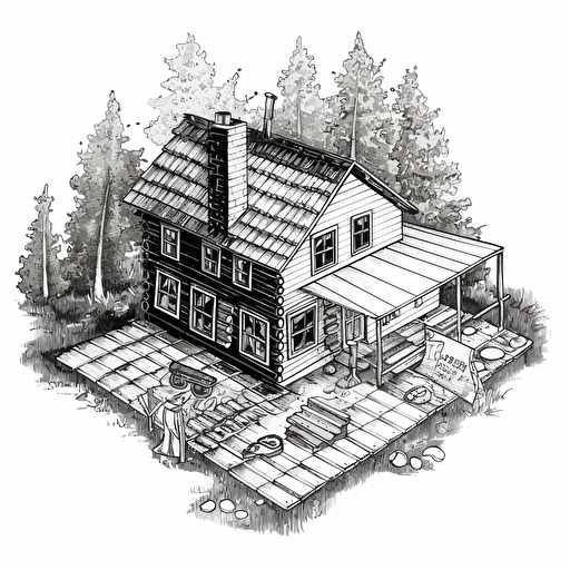 cabin, "board games":2, logo:3, black white drawing, vector