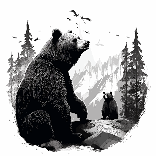Grizzly bear eating a large chicken leg, black illustration on white, simple vector, black and white ::vector style