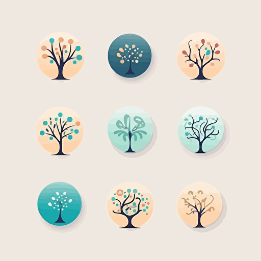 A series of clean, minimalistic logo concepts for a mind mapping app, showcasing stylized trees or branches with various thought bubbles or idea nodes connected to them. The flat vector style and subtle color palette convey the app's focus on providing a clear and organized way to visually structure thoughts and ideas.