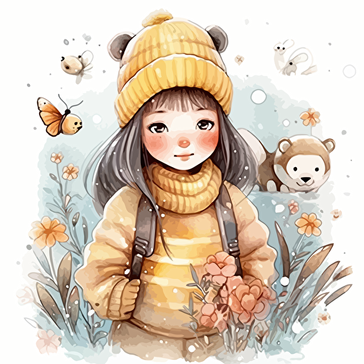 Chinese cute girl and bear and bees winter illustrations detailed, cartoon style, 2d watercolor clipart vector, cozy, creative and imaginative, hd, white background