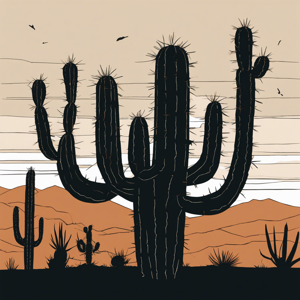 Silhouette of a cactus at sunset., illustration in the style of Matt Blease, illustration, flat, simple, vector