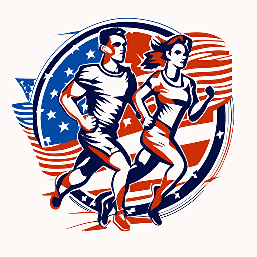 logo of two American Patriots. mixed ethnicity. One male running left and one Female running right. physical fitness. Drawn in a circle. White background. Vector. Clean colors. No shadows.