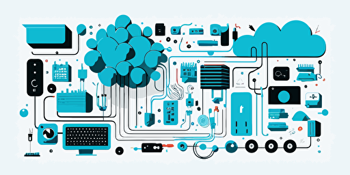 vector minimalistic illustration, very simple, networking, cloud, electronic board, IoT internet of things, all connected, white background, light blue and black components,