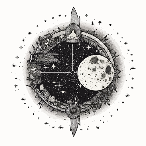 vector moon phase design with stars line drawing super detailed on white background