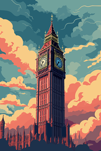 vector art, big ben, clouds