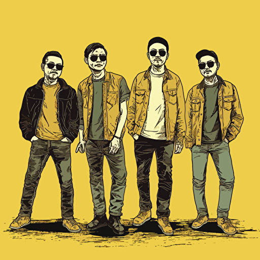 vector art of a Hong Kong rock band, five members, around 35years old, frontal stance, smiling, vibrant yellow