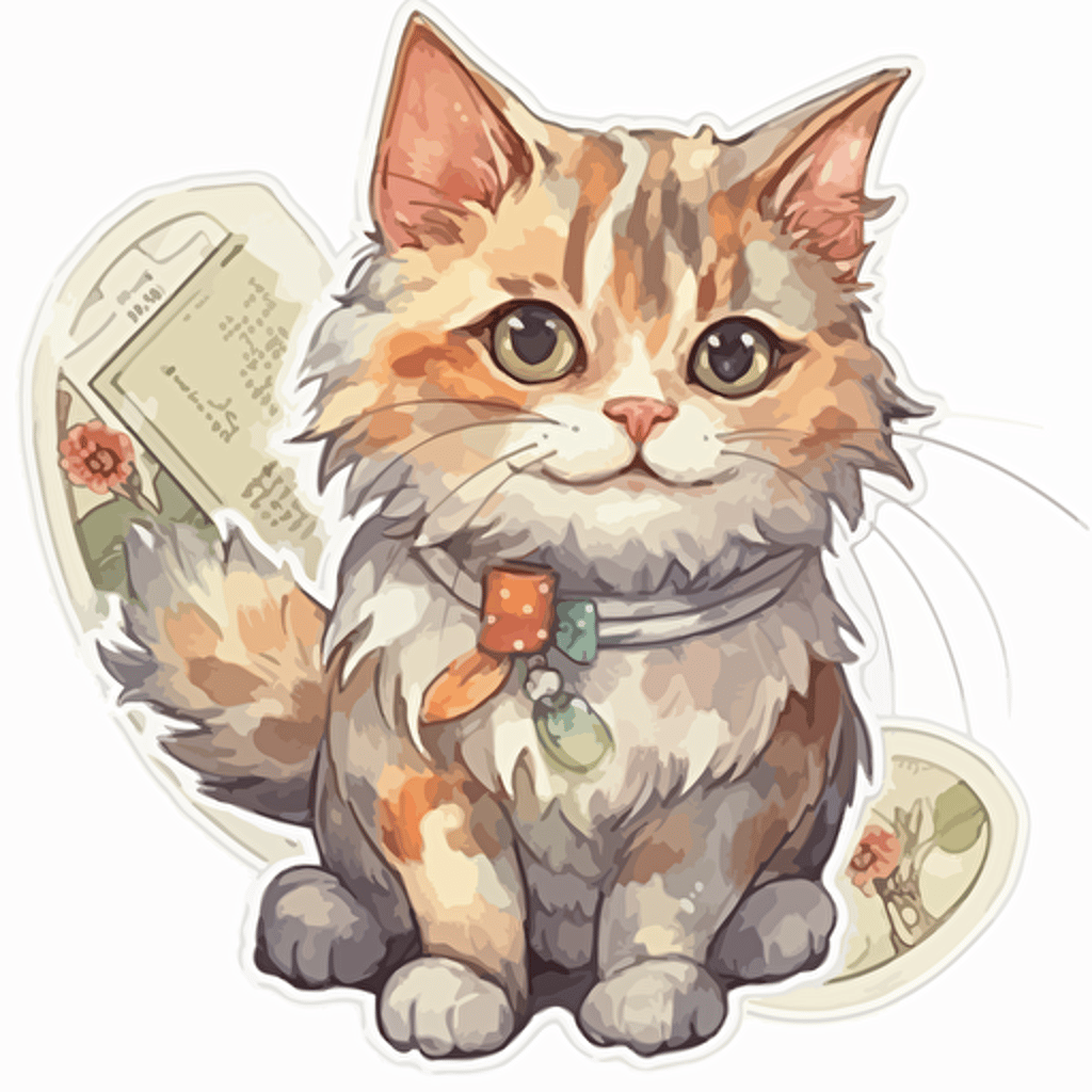 sticker design of cute cat for journal, vector, cute, highly detailed, clear view, sticker for journal, white background, no shadows, watercolor illustration, happy, ghibli style, watercolor