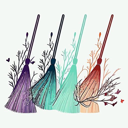 Witch brooms in a line, folk art, Sticker, Hopeful, Tertiary Color, light art style, Contour, Vector, White Background, Detailed