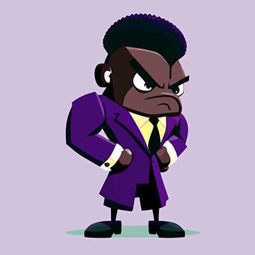 killer in a purple suit with very big head and small legs, black skin, cartoon 2d vector art, brawl stars style
