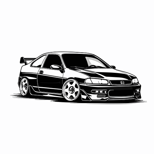 Black and white Flat vector 2D, a 1999 honda civic coupe, lowered suspension, black and white, vector logo design logo