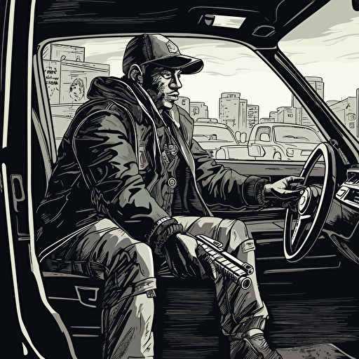 street level gangsta sat inside a stolen car, vector art