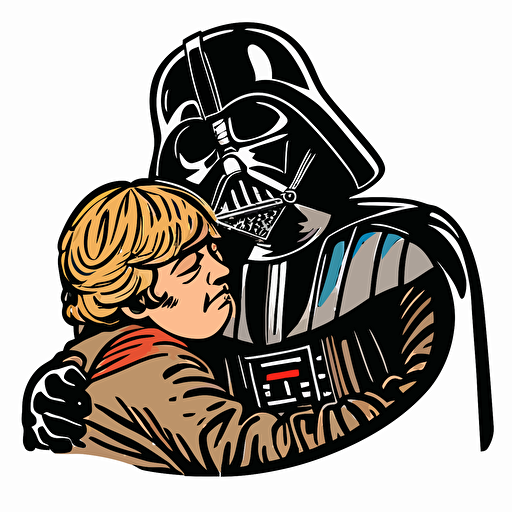 Darth vader and luke skywalker cuddling, Clipart, joyful, Primary Color, comic style, Contour, Vector, White Background, Detailed