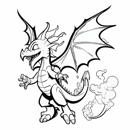 fullbody vector cartoon dragon flying throwing fire from his mouth, a cartoon dragon, black line, simple ilustration for kids, no much detail, on a white background