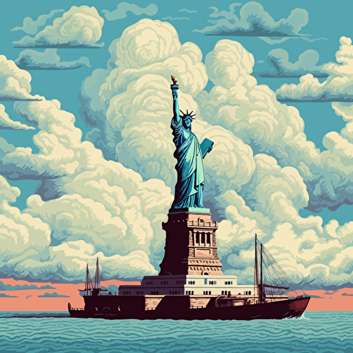 Statue of Liberty, New York skyline, 1800s, ferry, vector art, clouds