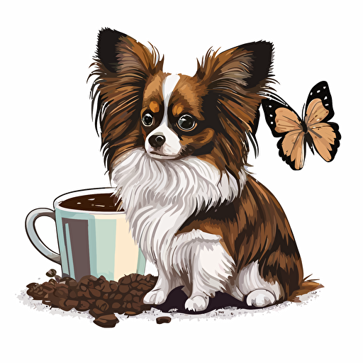 a sable and white papillon dog standing next to a cup of coffee, vector art logo design, cartoonistic style, white background