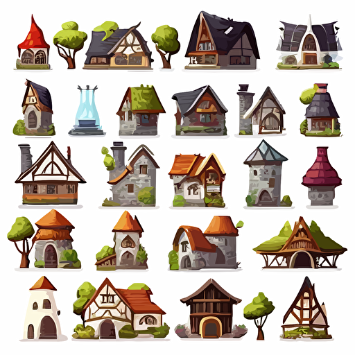 spritesheet of different medieval fantasy houses, white background, vector art, no shading, warcraft style