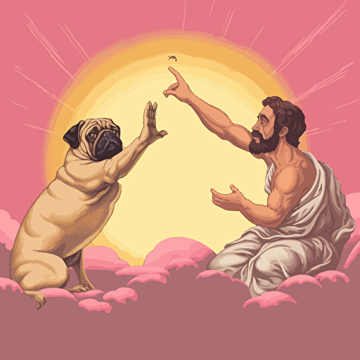 A Vector illustration of the creation of Adam by Michelangelo but instead of Adam a Pug