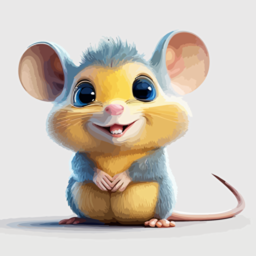 A gorgeous yellow and blue baby fur rat, smiling, white background, vector art , pixar style
