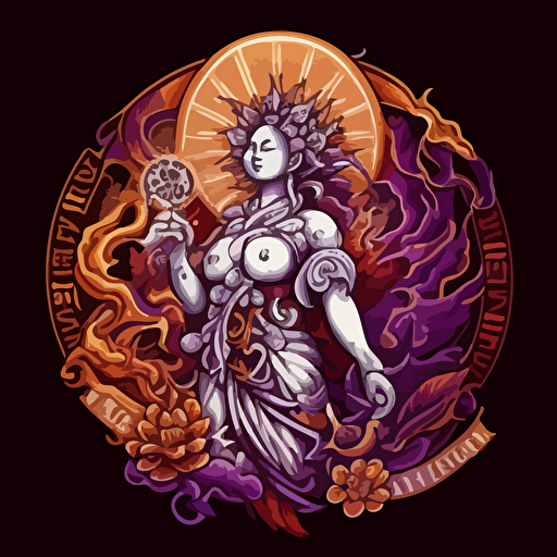scifi manjushri chinese style with flames coins cellphones mandarines chinese new year logo vector detailed high definition white purple red orange