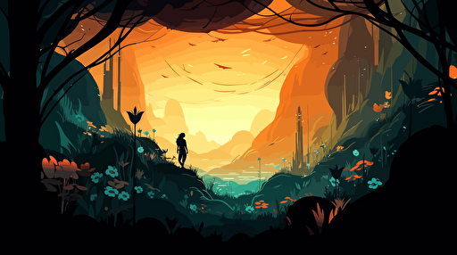 perspective of a someone who just landed on a foreign jungle planet with mountains, abstract and illuminated flora, slighly dark, vector illustration