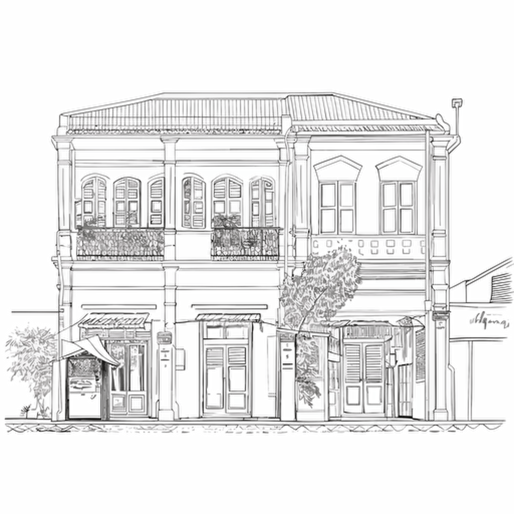 Outline minimalistic sketch of a commercial shophouse in singapore , vector,