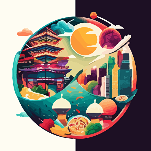 colorful vector art, a multiverse of asian food and buildings