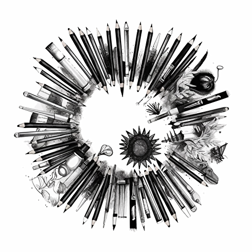 a black and white clipart of pencils and brushes, inscribed ina circle, vector, on white background