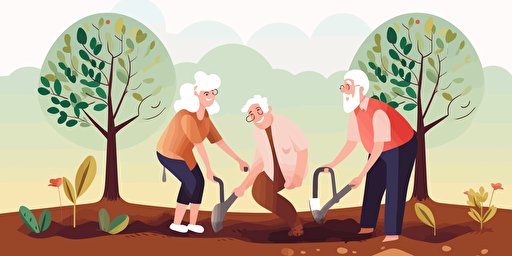 A white-haired old man and 2 female Gardeners planting trees together. 2D, vector illustration, bright colors. Drawing using AI.