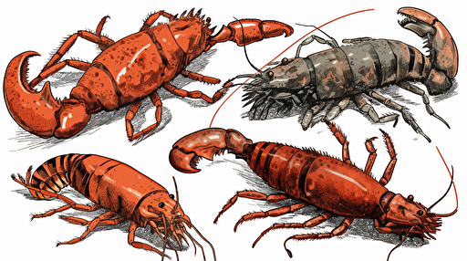 a asset collection of detailed hand drawn crawfish, on a white background, bright orange, burnt red, browns, and thick black line, vector style,