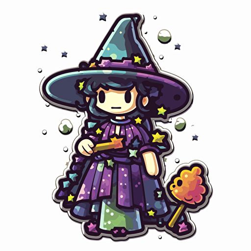 witchy, Sticker, Adorable, Sparkly Colors, Pixel Art, Contour, Vector, White Background, Detailed