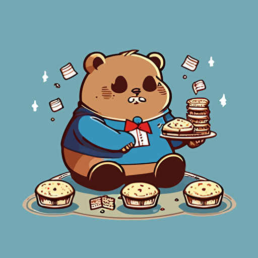 a vector image of a cute bear eating pastries and counting american money