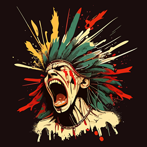Native American warrior screaming with war paint on face, vector, flat, clean design, two feathers in hair**