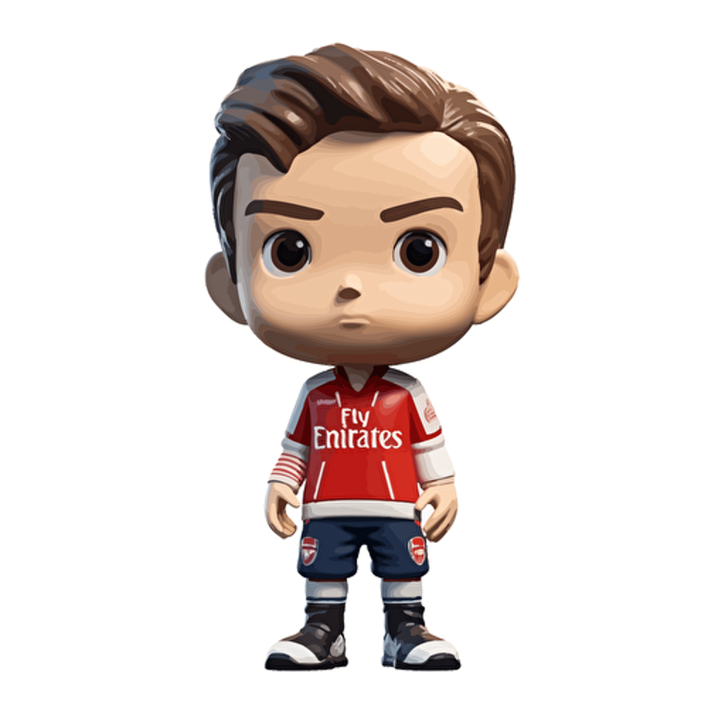 a vector picture in Unreal Engine of a boy funko pop dressed in Arsenal soccer colors clothes, white background for a clean, minimalist design