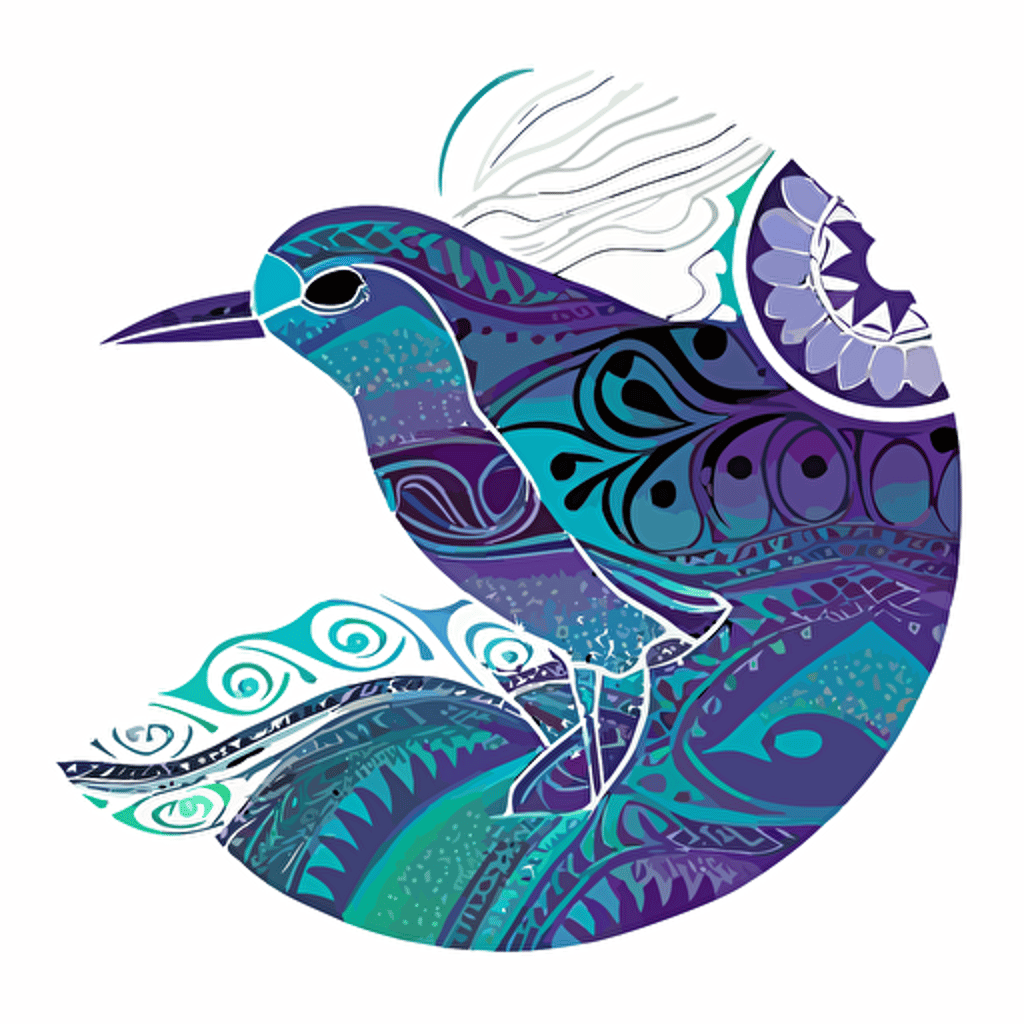 a white petrel covered in beautiful detailed aboriginal and Māori designs, in teal, purple and blues on a white background in a half circle. Vector style.