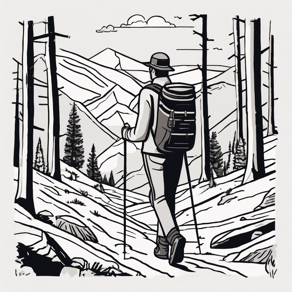 a man hiking, illustration in the style of Matt Blease, illustration, flat, simple, vector