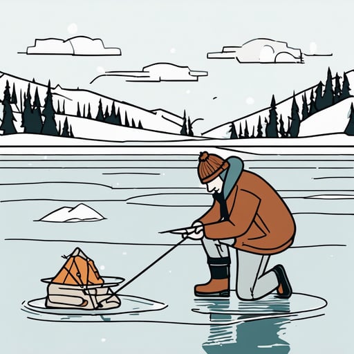 A person ice fishing on a frozen lake.