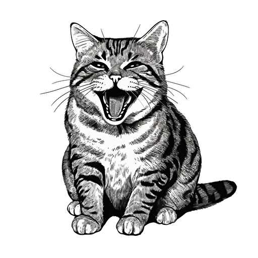cat laughing, black and white illustration, vector isolated on white